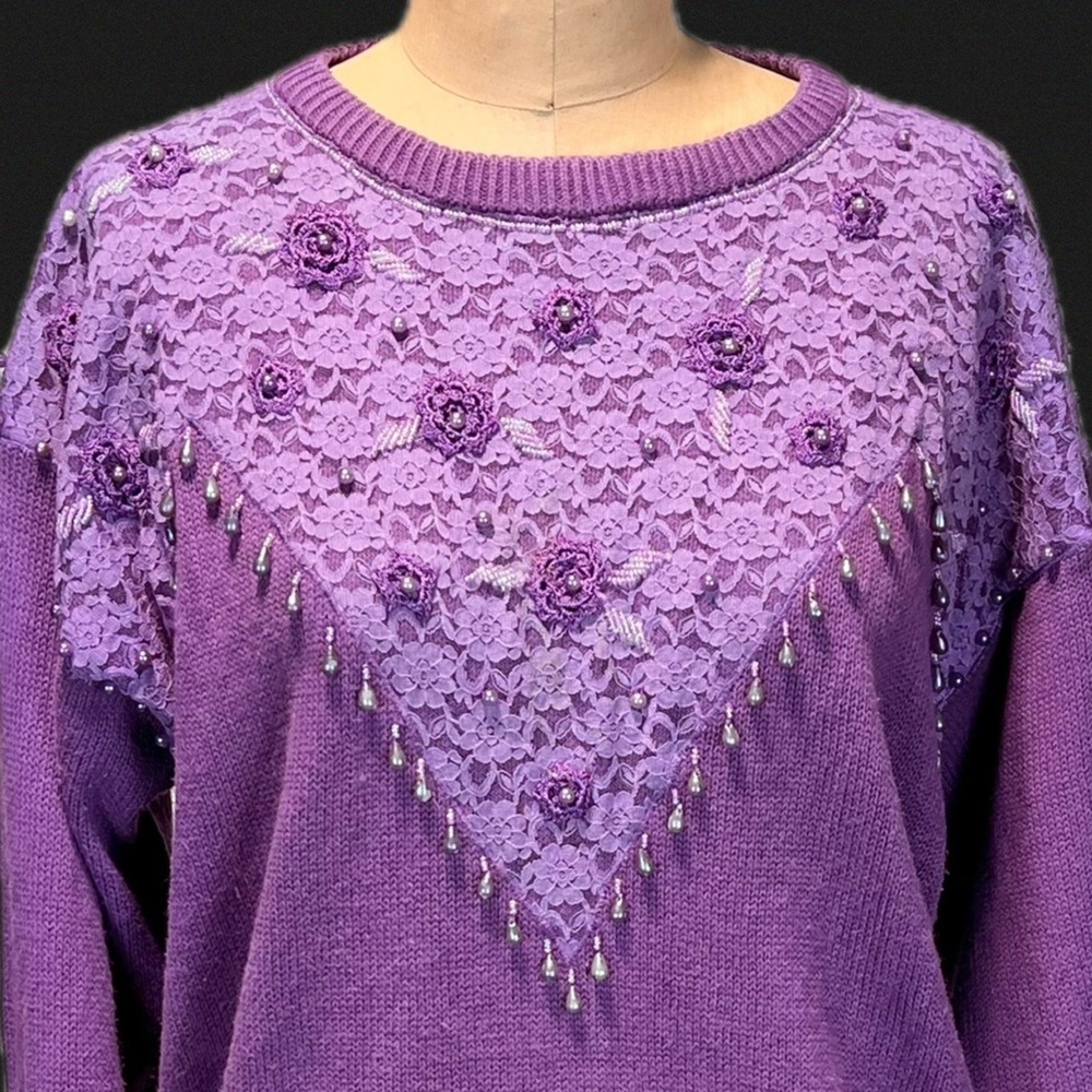 VINTAGE 80s lilac beaded embroidered lace knit‎ sweater crewneck cottagecore